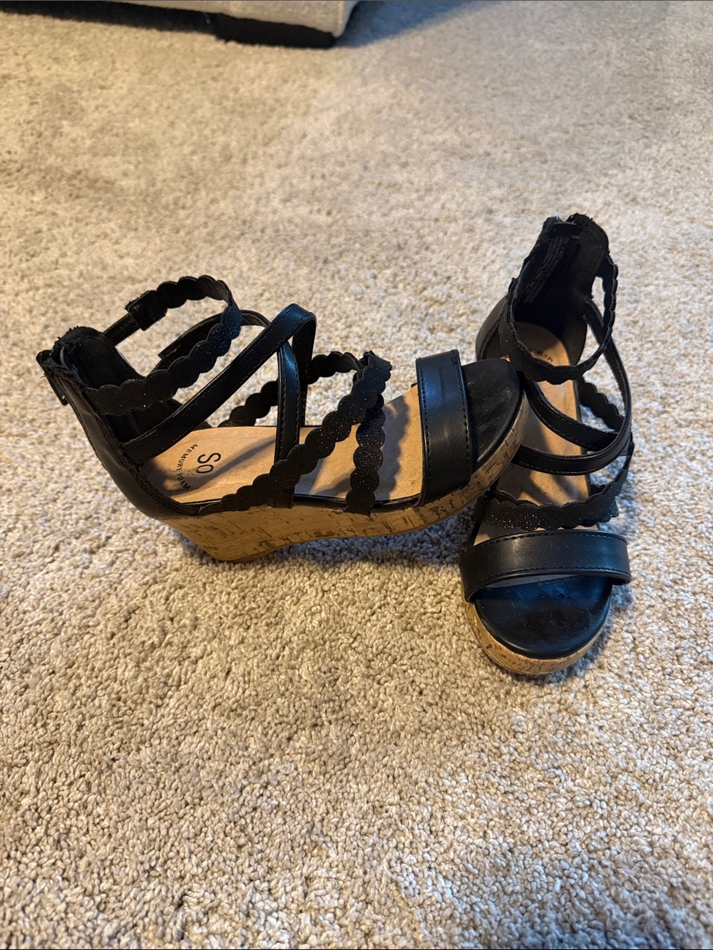 Girls Black Scalloped Strappy Wedge Sandals - Size 12